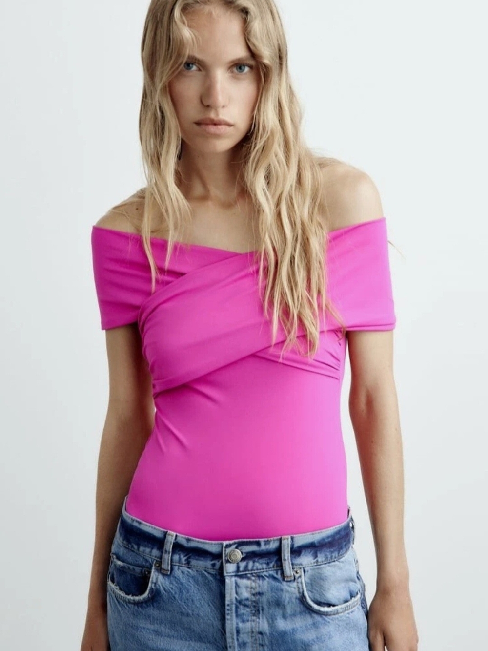 Zara Hot Pink Off-Shoulder Crisscross Bodysuit